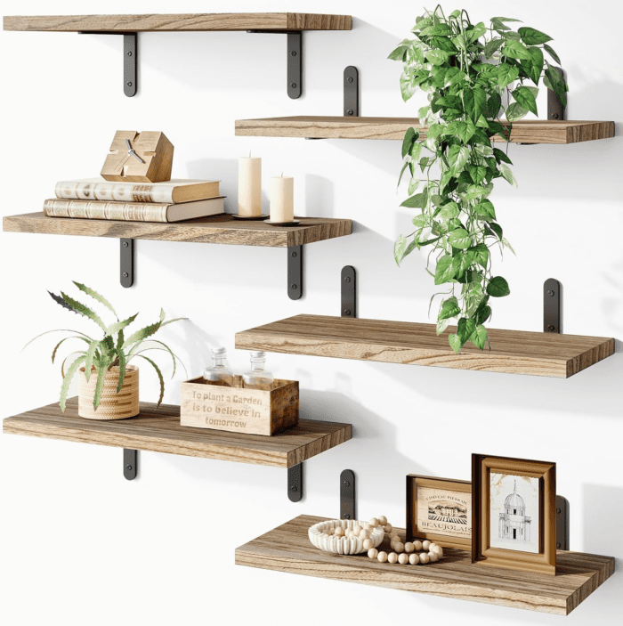 Wood Floating Shelves for Wall Decor, Wall Shelves Set of 6, Wall Mounted Floating Shelf for Bedroom Decor, Bathroom Storage, Farmhouse Shelf for Wall - Rustic Brown