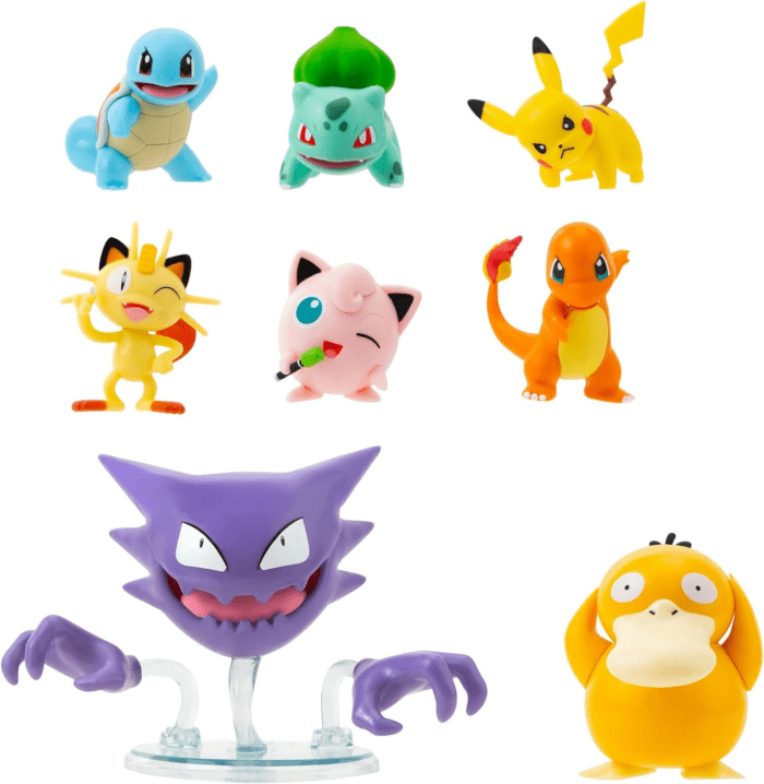 Battle Figure 8-Pack - Comes with 2” Pikachu, 2” Bulbasaur, 2” Squirtle, 2” Charmander, 2” Meowth, 2" Jigglypuff, 3” Loudred, and 3” Psyduck