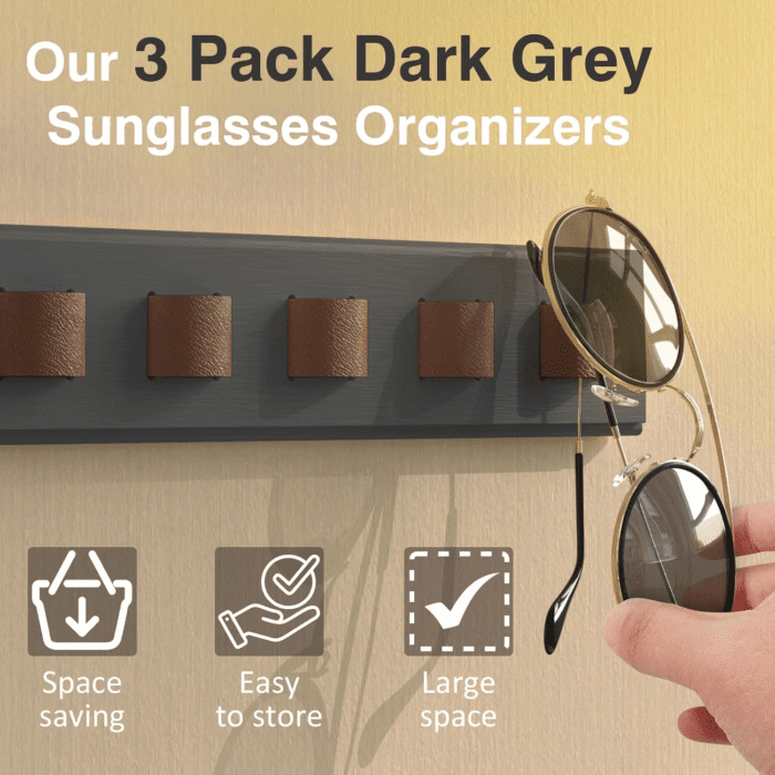 3 Pack Sunglass Organizer, Wall Mounted Sunglasses Organizer, Wooden Glasses Holder Sunglass Holder, Sunglasses Rack for Hanging Your Multiple Eyeglasses, for Wall, Home Decor(Dark Grey) - Image 5