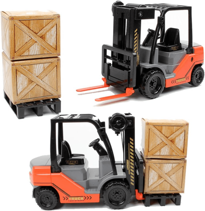 Toy Forklift Truck with Pallet & Cargo - 1:22 Scale Friction Powered Wheels & Manual Lifting Control - Warehouse Lifting Vehicle for Kids Play