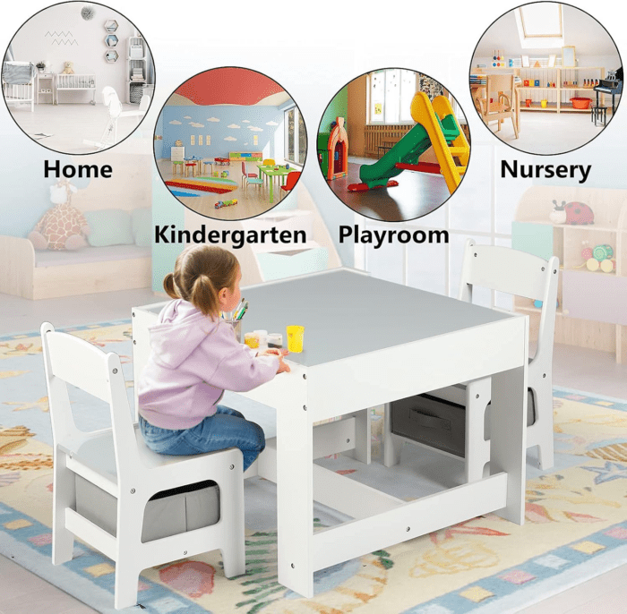 Kids Wood Table & 2 Chairs Set, 3 in 1 Children Activity Table W/Storage, Removable Tabletop, Blackboard, 3-Piece Toddler Furniture Set for Art, Crafts, Drawing, Reading, Playroom, Grey - Image 4