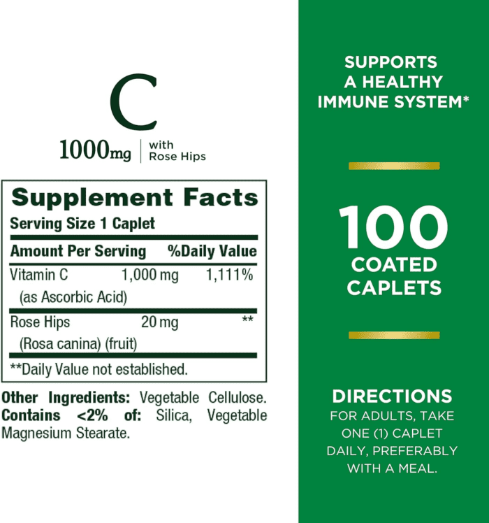 Vitamin C + Rose Hips, Immune Support, 1000Mg, Coated Caplets, 100 Ct - Image 2