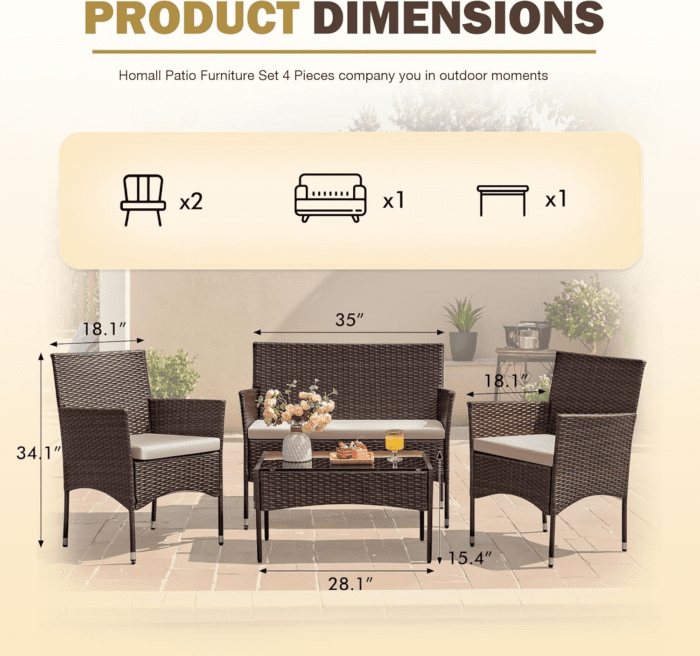 4 Pieces Outdoor Patio Furniture Sets Rattan Chair Wicker Set, Outdoor Indoor Use Backyard Porch Garden Poolside Balcony Furniture Sets Clearance (Brown and Beige) - Image 6