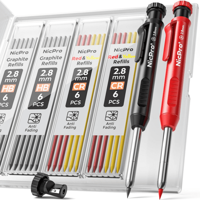 Carpenter Pencil with Sharpener, Mechanical Pencils Set with 26 Refills, Deep Hole Marker for Construction, Heavy Duty Woodworking Pencils for Architect (Black, Red) - with Case