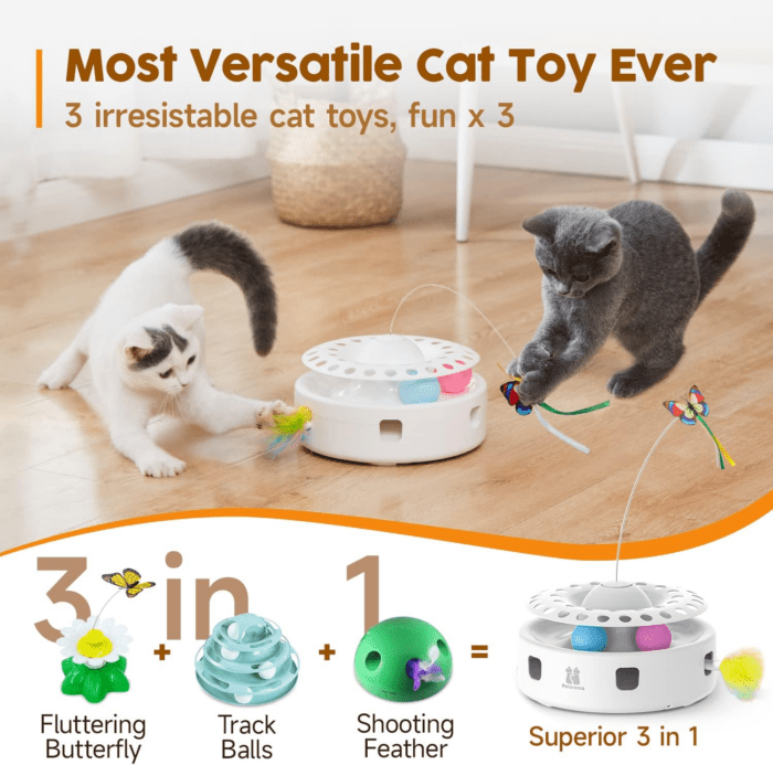 Cat Toys 3In1 Automatic Interactive Kitten Toy, Fluttering Butterfly, Moving Ambush Feather, Track Balls, Dual Power Supplies, USB Powered, Indoor Exercise Kicker (Bright White) - Image 2