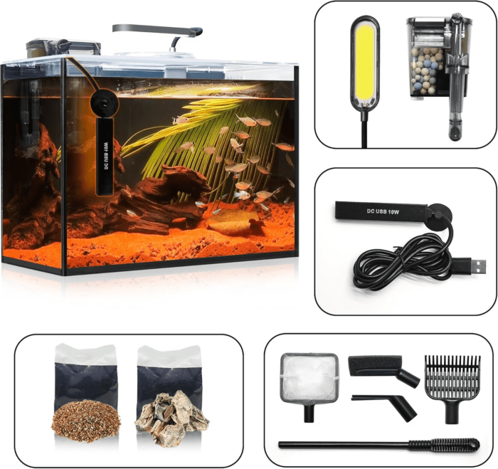 3 Gallon Betta Fish Tank Small Aquarium Starter Kit, with Heater Self Cleaning System Efficiency Filter Bright Light Rocks Gravel Cleaning Tool Set, HD Float Complete Glass Leak-Proof Gift Present - Image 8