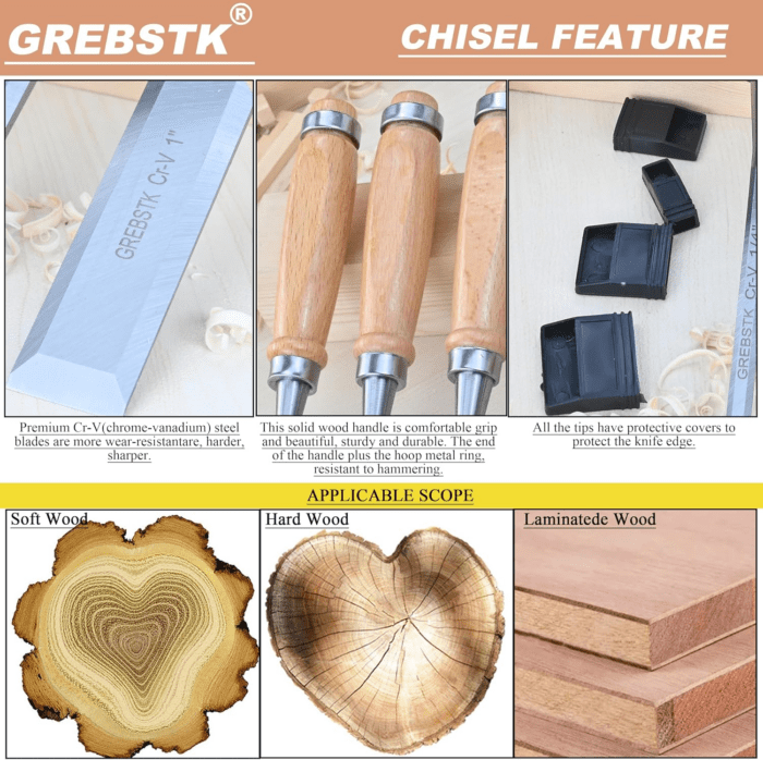 9.5In Wood Chisel Set for Woodworking, 4Pcs Chrome Vanadium Steel Bevel-Edge Bench Chisels with Cap, Comfortable Beech High Impact Handle - Image 3