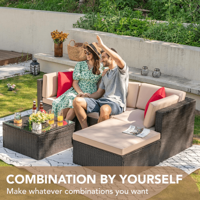 5 Pieces Patio Furniture Sets All Weather Outdoor Sectional Patio Sofa Manual Weaving Wicker Rattan Patio Seating Sofas with Cushion and Glass Table(Beige) - Image 2