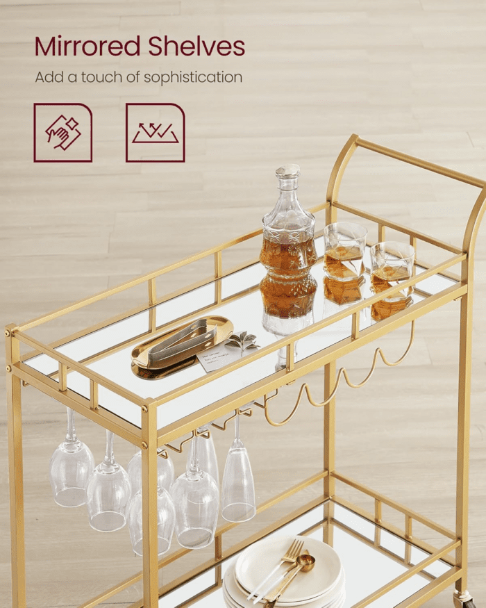 Bar Cart Gold, Home Bar Serving Cart, Wine Cart with 2 Mirrored Shelves, Wine Holders, Glass Holders, for Kitchen, Dining Room, Gold ULRC090A03 - Image 3