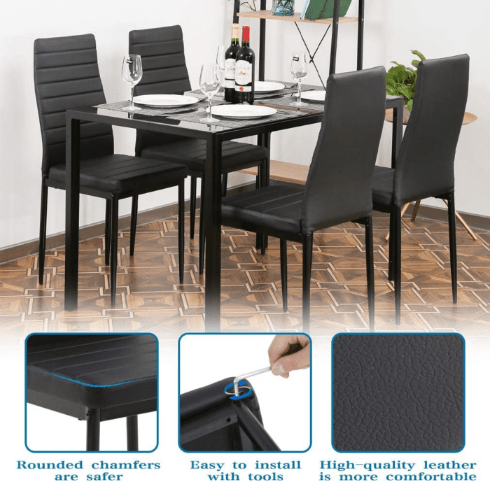 Dining Table Set Glass Dining Room Table Set for Small Spaces Kitchen Table and Chairs for 4 Table with Chairs Home Furniture Rectangular Modern (Black Glass) - Image 4