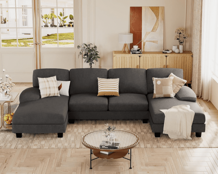 Sectional Couches for Living Room, U Shaped Couch with Chenille Fabric, 4 Seat Modern Sofa with Removable Pillows for Apartment and Small Space (Corduroy, Light Grey)