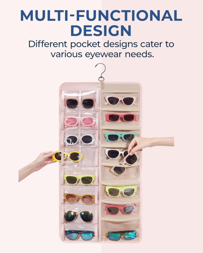 Hanging Jewelry Organizer, Dust Proof Sunglasses Storage Case Wall Mounted, Travel Dual Sided Glasses Case Multiple Pairs, Eyeglasses Holder with 32 Clear Slots & Metal Hook, Pink - Image 4