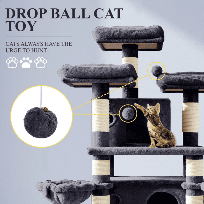 68 Inches Cat Tree House with Condo, Scratching Post, and Multi-Level Towers for Cats - Smokey Grey - Image 3