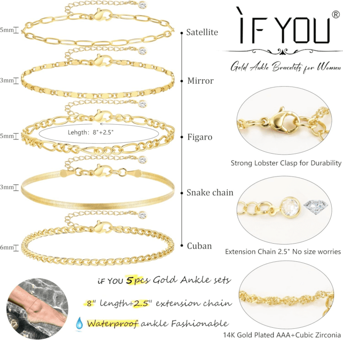 Gold Ankle Bracelets for Women, 14K Gold Plated Waterproof Cuban Link Chain Anklets Set, Layered Anklet Bracelets for Women Beach Gift Adjustable Size 5Pc - Image 4