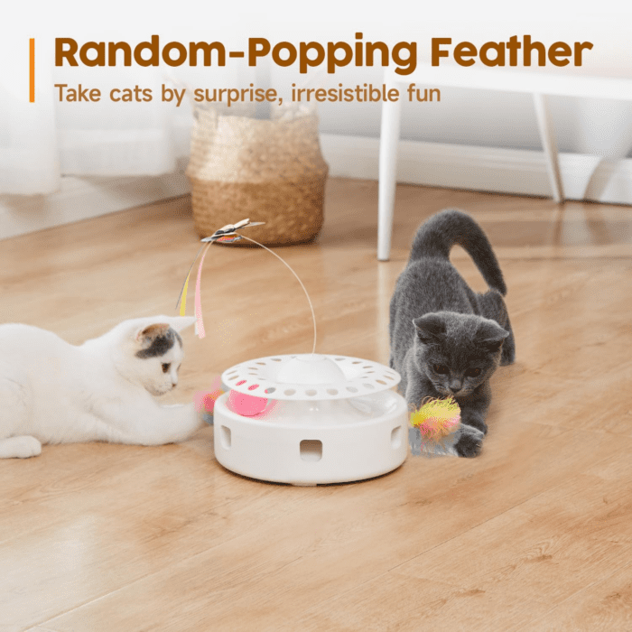 Cat Toys 3In1 Automatic Interactive Kitten Toy, Fluttering Butterfly, Moving Ambush Feather, Track Balls, Dual Power Supplies, USB Powered, Indoor Exercise Kicker (Bright White) - Image 4