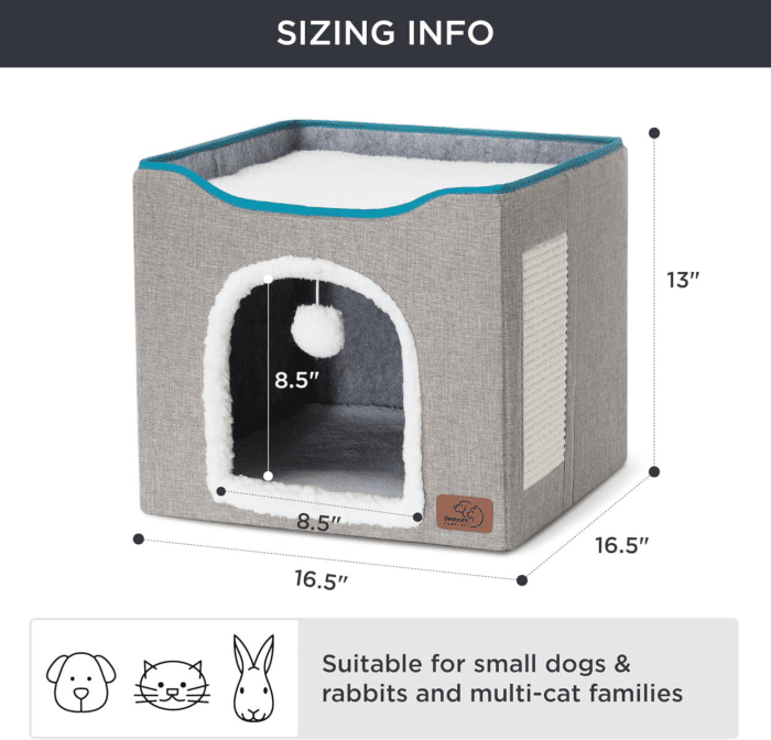 Cat Beds for Indoor Cats - Large Cat Cave for Pet Cat House with Fluffy Ball Hanging and Scratch Pad, Foldable Cat Hideaway,16.5X16.5X13 Inches, Grey - Image 6