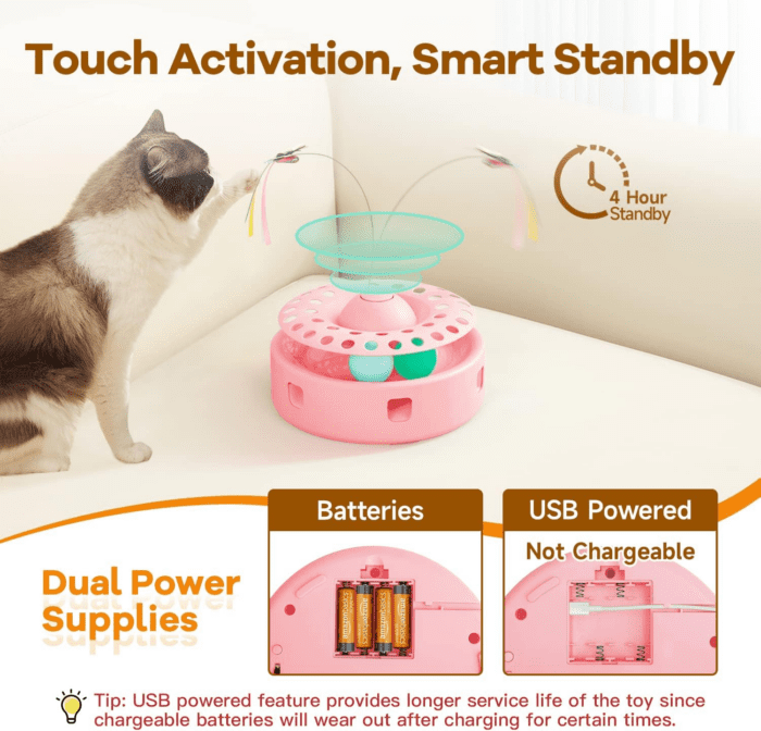 Cat Toys 3-In-1 Automatic Interactive Kitten Toy, Fluttering Butterfly, Random Moving Ambush Feather, Track Balls, Dual Power Supplies, USB Powered, Indoor Exercise Cat Kicker (Pink) - Image 6