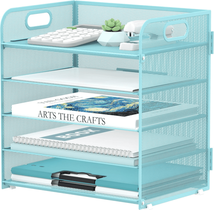 5 Trays Paper Organizer Letter Tray with Handle-Mesh Desk File Organizer, Paper Sorter Desk Organizer for Office, Home or School (Light Blue)