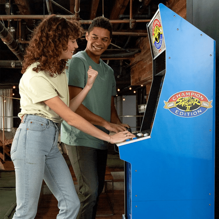 Street Fighter II Champion Edition Big Blue Cabinet Style Arcade Machine W/ 12 Games, Coinless Operation, Light-Up Marquee, Wifi, and Stool - Image 8