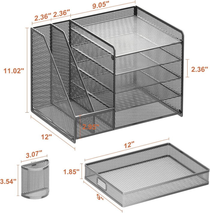 Desk Organizer with File Holder, 5-Tier Paper Letter Tray Organizer with Drawer and 2 Pen Holder, Mesh Desktop Organizer and Storage with Magazine Holder for Office Supplies (Grey) - Image 6