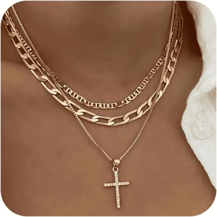 Cross Necklace for Women,Stackable Stacked Stacking Layering Layered Necklaces Dainty Gold Necklace Paperclip Box Flat Mariner Chain Necklace Cross Pendant CZ Diamond Simple Jewelry Gift