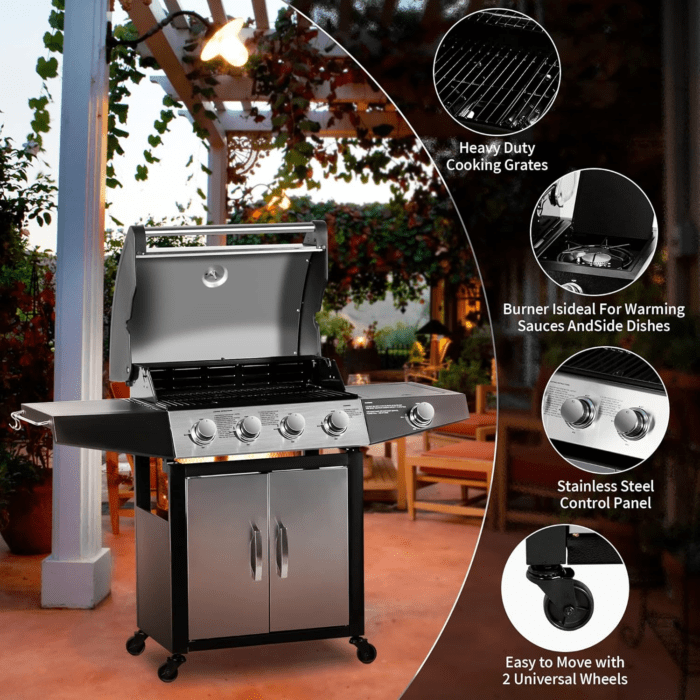 Gas Grill, BBQ 4-Burner Cabinet Style Grill Propane with Side Burner, Stainless Steel - Image 4