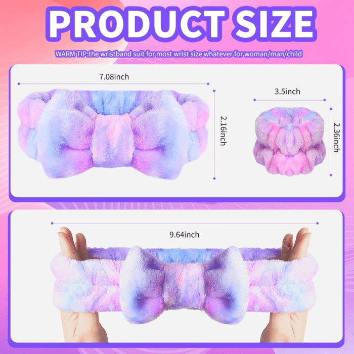 Spa Headband and Matching Wrist Bands for Washing Face, Fuzzy Skincare Bow Headbands, Soft Facial Makeup Head Bands, Shower Hair Sleepover Party Supplies - Image 2