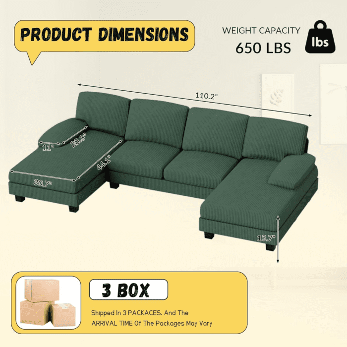 Sectional Couches for Living Room, U Shaped Couch with Chenille Fabric, 4 Seat Modern Sofa with Removable Pillows for Apartment and Small Space (Corduroy, Light Green) - Image 2