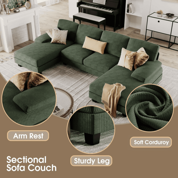 Sectional Couches for Living Room, U-Shaped Sofa Couch with Soft Corduroy, 4 Seat Sofa Set with Double Chaise for Apartment (Corduroy, Dark Green) - Image 5