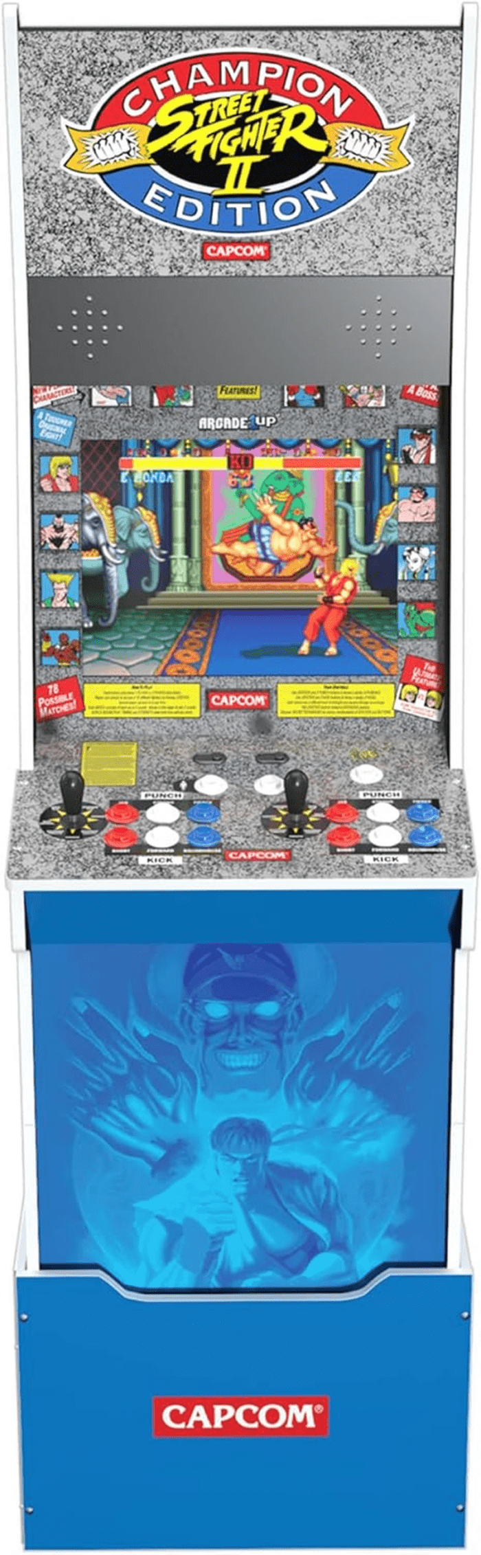 Street Fighter II Champion Edition Big Blue Cabinet Style Arcade Machine W/ 12 Games, Coinless Operation, Light-Up Marquee, Wifi, and Stool - Image 3