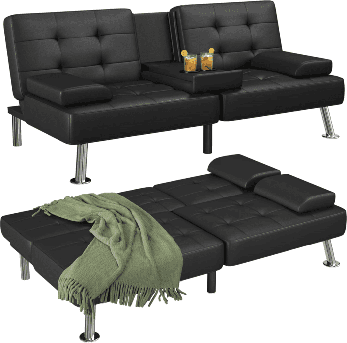 Futon Sofa Bed Modern Folding Futon Set Convertible Recliner Lounge for Living Room with 2 Cup Holders, Removable Armrests (PU Leather, Black)