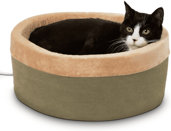 Thermo-Kitty Bed Heated Cat Bed for Indoor Cats , Electric Warming Bed for Cats and Small Dogs, Washable Thermal Plush Calming round Pet Bed - Small 16" Sage/Tan