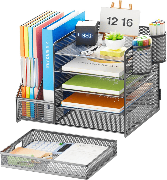 Desk Organizer with File Holder, 5-Tier Paper Letter Tray Organizer with Drawer and 2 Pen Holder, Mesh Desktop Organizer and Storage with Magazine Holder for Office Supplies (Grey) - Image 2