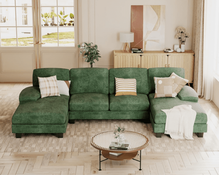 Sectional Couches for Living Room, U Shaped Couch with Chenille Fabric, 4 Seat Modern Sofa with Removable Pillows for Apartment and Small Space (Fabric, Green)