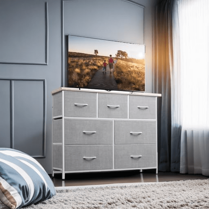 Dresser TV Stand, Entertainment Center with Fabric Drawers, Media Console Table with Metal Frame and Wood Top for TV up to 45 Inch, Chest of Drawers for Bedroom, Living Room, Light Grey - Image 5