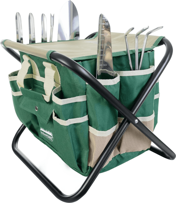 Garden Tool Set, Stainless Steel 7 Piece Tool Set, Heavy Duty Folding Stool, Detachable Canvas Tote Bag, Gardening Tool Kit Organizer