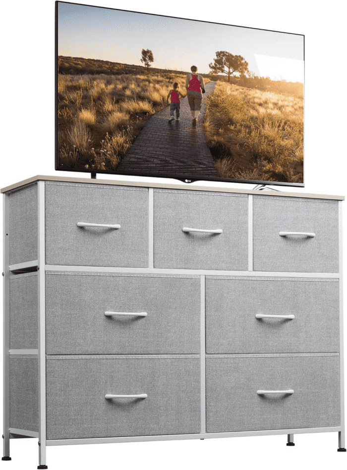 Dresser TV Stand, Entertainment Center with Fabric Drawers, Media Console Table with Metal Frame and Wood Top for TV up to 45 Inch, Chest of Drawers for Bedroom, Living Room, Light Grey