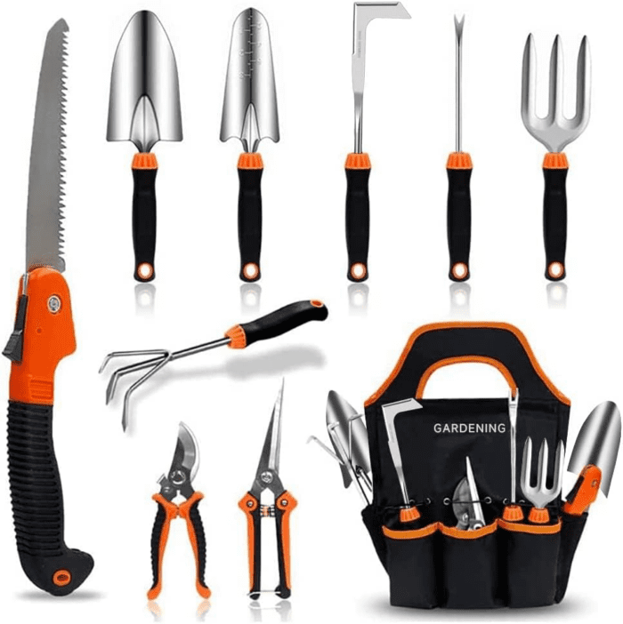 Garden Tool Set,10 PCS Stainless Steel Heavy Duty Gardening Tool Set with Soft Rubberized Non-Slip Ergonomic Handle Storage Tote Bag,Gardening Tool Set Gifts for Women and Men