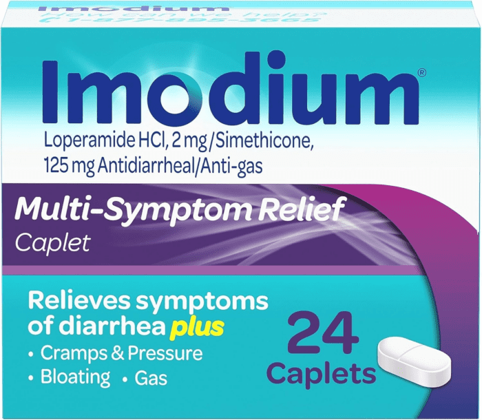 Multi-Symptom Relief Caplets with Loperamide Hydrochloride and Simethicone, Anti-Diarrheal Medicine for Treatment of Diarrhea, Gas, Bloating, Cramps & Pressure, 24 Ct.