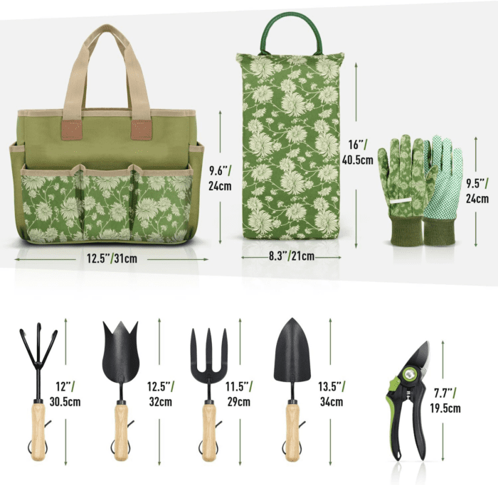 Garden Tools Set, 8 Piece, Heavy Duty Gardening Tools with Wooden Handle, Including Garden Tote, Kneeling Pad, Gloves, Pruner, Trowel, Tulip Trowel, Cultivator - Gardening Gifts for Women Men - Image 9