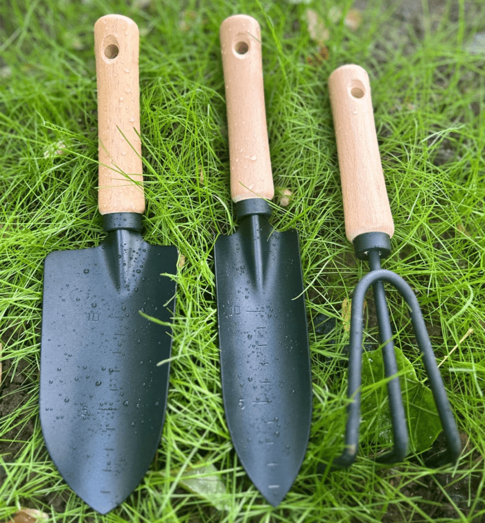 3 Pieces Garden Tools Set-Garden Rake Trowel, Gardening Tools with Wood Handle,Iron Crafts Gardening Work Kit with Solid Wood Ergonomic Handle Tools Succulent Gift Set Outdoor Gardening Tools(Black) - Image 2