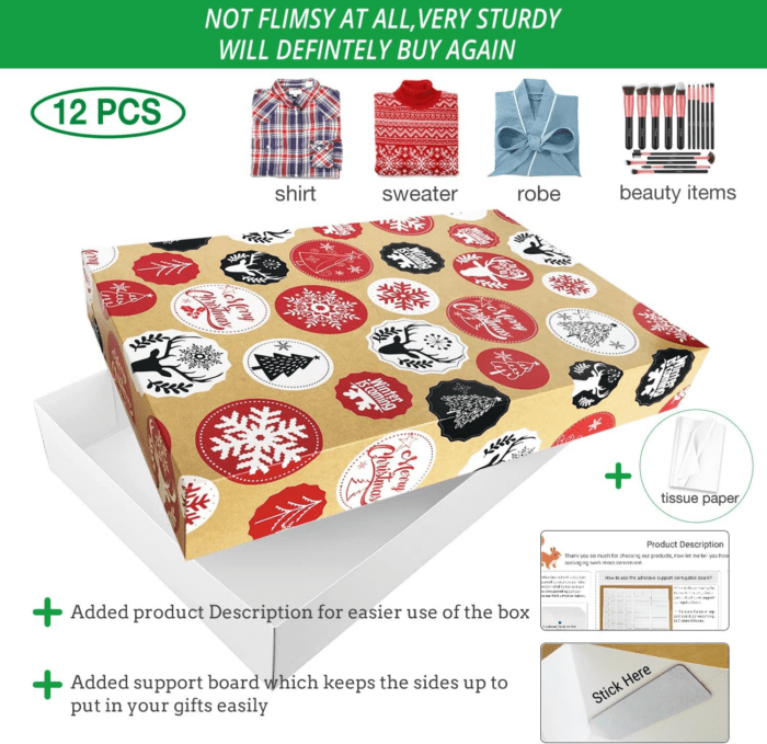 12 Large Christmas Gift Wrap Boxes Bulk with Lids, 12 Tissue Paper and 80 Count Foil Christmas Tag Stickers for Wrapping Oversized Clothing (Robes, Sweater, Coat, Shirts) and Xmas Holiday Present - Image 2