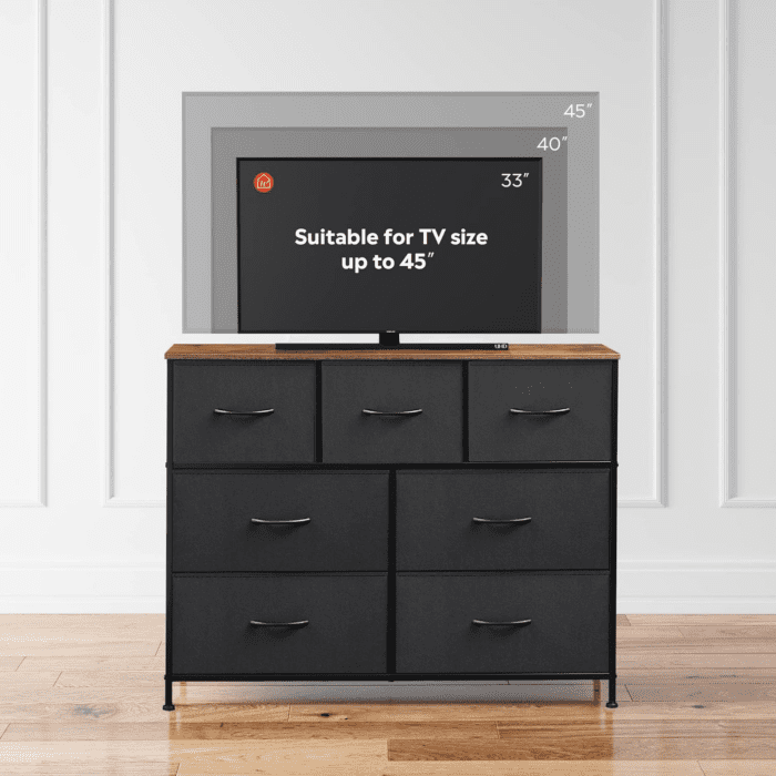 Dresser TV Stand, Entertainment Center with Fabric Drawers, Media Console Table with Metal Frame and Wood Top for TV up to 45 Inch, Chest of Drawers for Bedroom, Black and Rustic Brown - Image 7