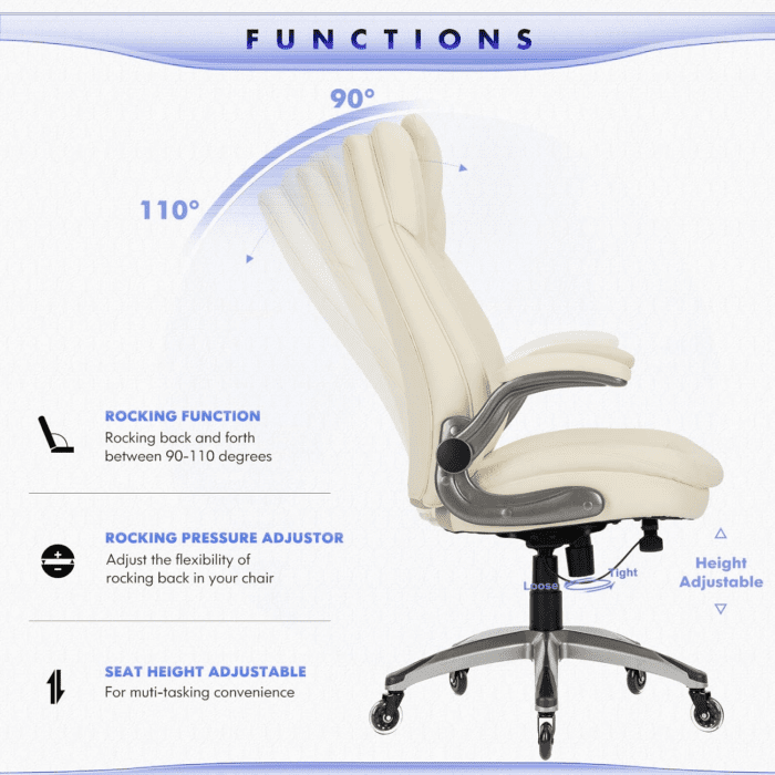 Executive Office Chair-Ergonomic Computer Desk Chair with Upgraded Caster for Swivel, High Back Office Chair with Padded Flip-Up Arms, Stylish Leather Chair Thicken Seat for Comfort (Ivory, 300Lbs) - Image 8