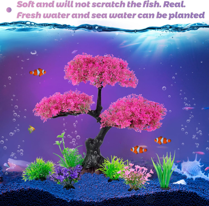 Aquarium Artificial Plastic Plants Decoration, Pink Cherry Blossom Tree & Grass Aquarium Decor Set, Goldfish Betta Fish Tank Decorations Hides Accessories（Pink - Image 7