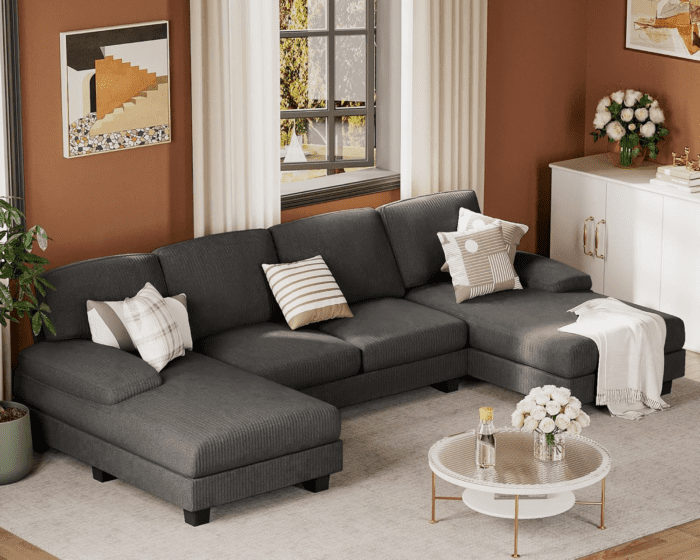 Sectional Couches for Living Room, U Shaped Couch with Chenille Fabric, 4 Seat Modern Sofa with Removable Pillows for Apartment and Small Space (Corduroy, Light Grey) - Image 8