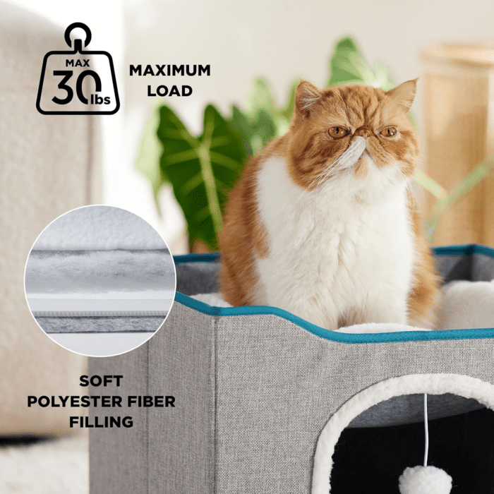 Cat Beds for Indoor Cats - Large Cat Cave for Pet Cat House with Fluffy Ball Hanging and Scratch Pad, Foldable Cat Hideaway,16.5X16.5X13 Inches, Grey - Image 2