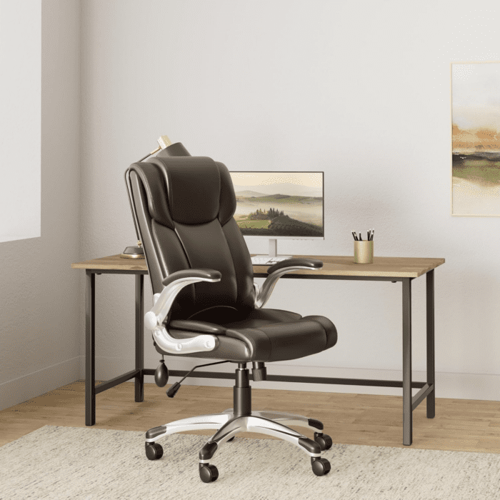 Leather Executive Office Chair- High Back Home Computer Desk Chair with Padded Flip-Up Arms, Adjustable Tilt Lock, Swivel Rolling Ergonomic Chair for Adult Working Study-Brown, Set of 2 - Image 2