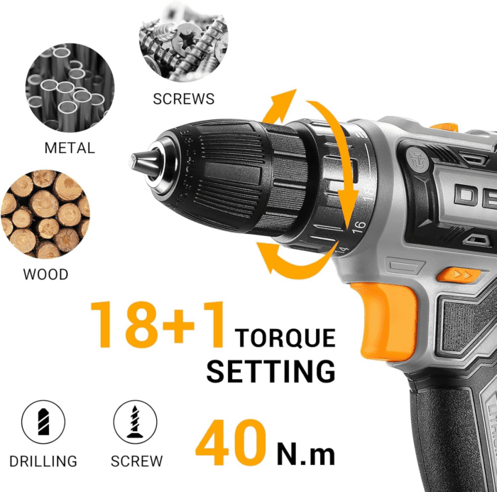 Power Drill Cordless: DEKO PRO Cordless Drill 20V Electric Power Drill Set Tool Drills Cordless Set with Battery and Charger 20 Volt Drill Driver Kit - Image 3