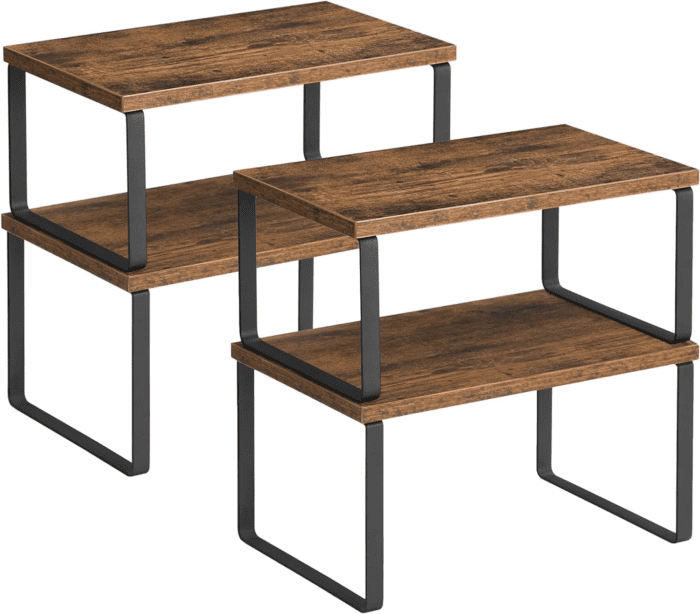 Cabinet Organizer Shelf, Set of 4 Kitchen Counter Shelves, Kitchen Storage, Spice Rack, Stackable, Expandable, Metal and Engineered Wood, Ink Black and Rustic Brown UKCS021X01